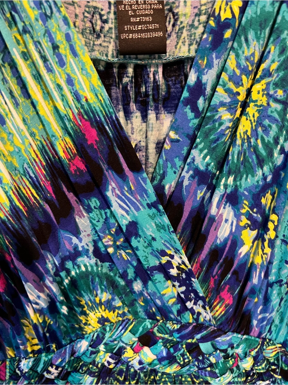 Spense Multicolor Floral-Abstract Wrap Dress in Blue, Teal & Yellow